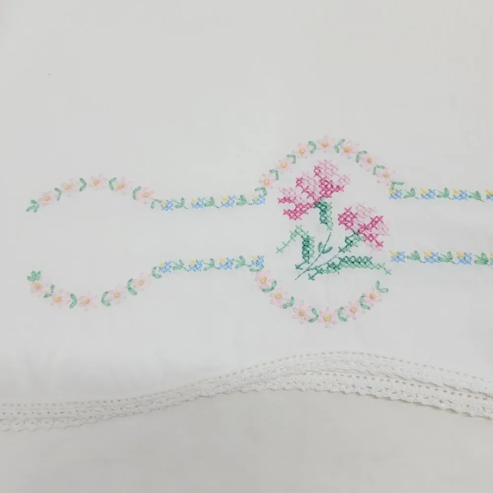 Vtg Hand Embroidered Pink Flower Floral Border Cotton Pillowcase Single Standard